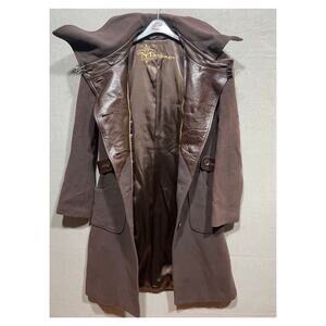 Vintage Mackage Wool Leather Trim Heavy Duty Long Coat Dark Brown Womens Size M
